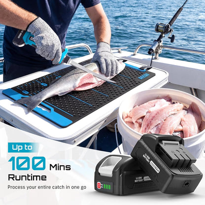 Cordless Electric Fillet Knife with 4 Blades, 100 Mins High Speed Filet Knife for Fish, Ergonomic Non-Slip Grip, Safty Lock, Carry Bag Kit for Filleting and Meat Slicing
