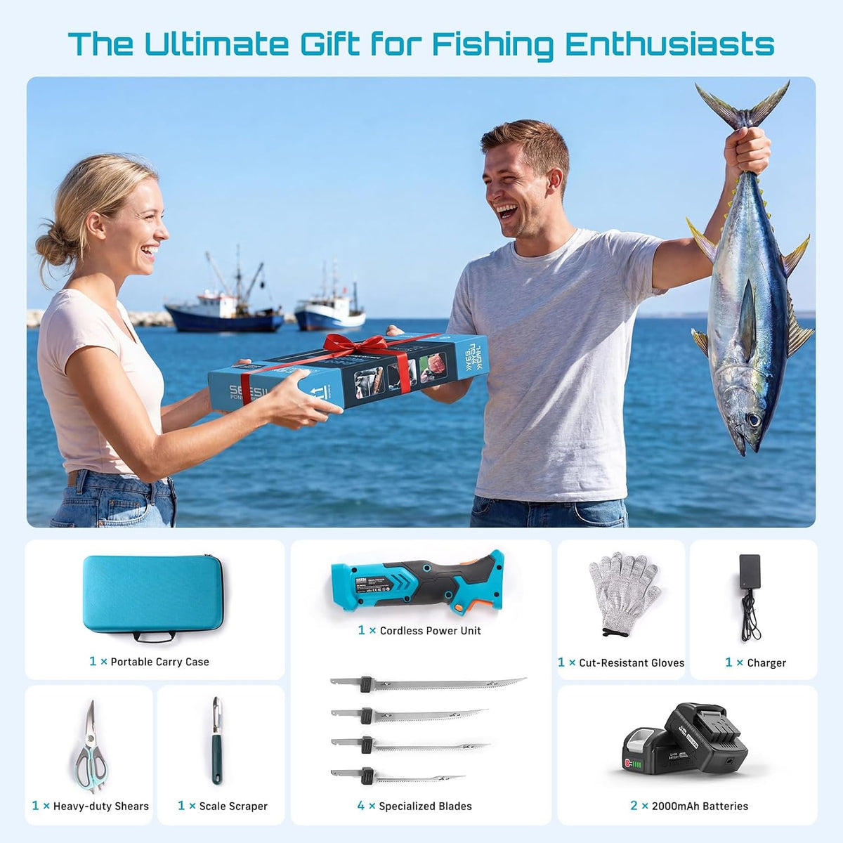Cordless Electric Fillet Knife with 4 Blades, 100 Mins High Speed Filet Knife for Fish, Ergonomic Non-Slip Grip, Safty Lock, Carry Bag Kit for Filleting and Meat Slicing