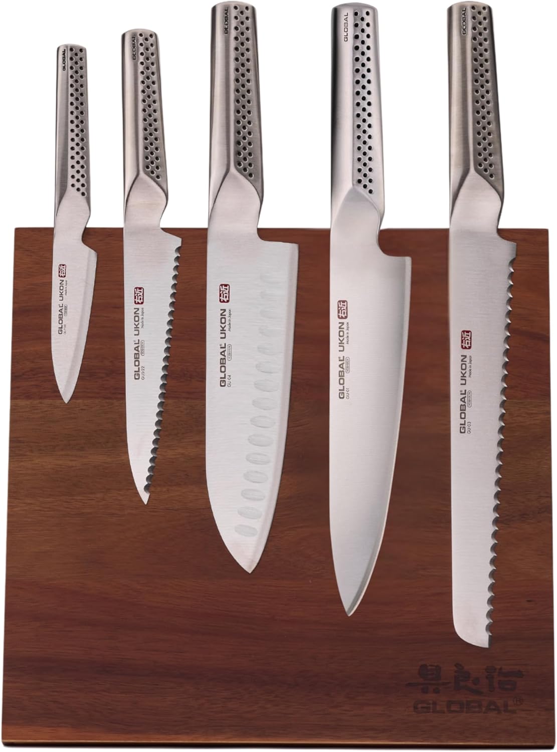 Global Bitoku 6 Piece Ukon Essentials Set - Magnetic Easel, 5 Knives: 8 inch Chef's, 9 inch Bread, 7 Inch Santoku, 6 inch Serrated Utility, 3.5 inch Paring, Acacia
