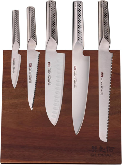 Global Bitoku 6 Piece Ukon Essentials Set - Magnetic Easel, 5 Knives: 8 inch Chef's, 9 inch Bread, 7 Inch Santoku, 6 inch Serrated Utility, 3.5 inch Paring, Acacia