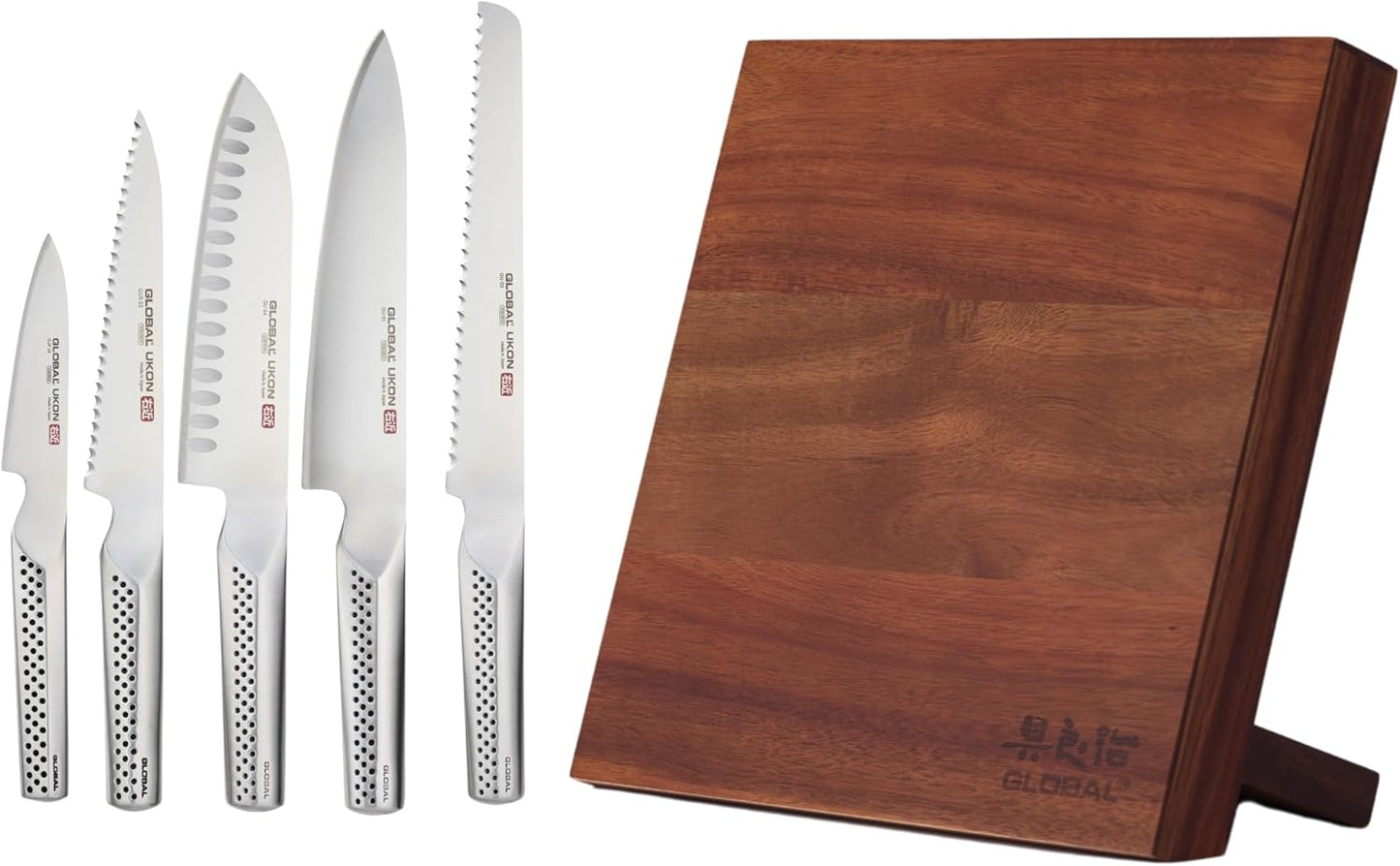 Global Bitoku 6 Piece Ukon Essentials Set - Magnetic Easel, 5 Knives: 8 inch Chef's, 9 inch Bread, 7 Inch Santoku, 6 inch Serrated Utility, 3.5 inch Paring, Acacia