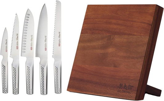 Global Bitoku 6 Piece Ukon Essentials Set - Magnetic Easel, 5 Knives: 8 inch Chef's, 9 inch Bread, 7 Inch Santoku, 6 inch Serrated Utility, 3.5 inch Paring, Acacia
