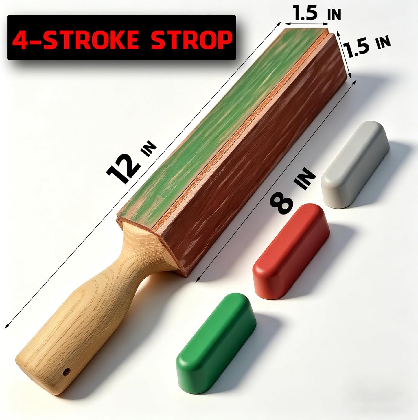 4-Sided Leather Knife Strop with 3Oz. Honing Compound, 11Oz. Thicked Leather & Ash Wood Handle, 12'' x 1.5'' for Sharpening, Polishing, Tactical, Folding & Woodcarving Knives to Mirror Finish