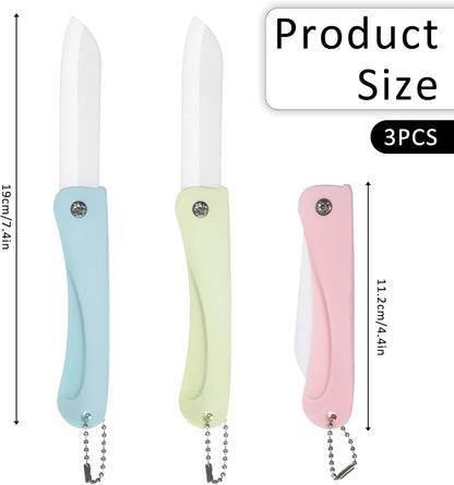 3PCS Ceramic Folding Knifves Handy Fruit Knife Ultra Sharp for Fruit and Vegetable Small Portable Kitchen Knife for Travel, Picnic, Camping