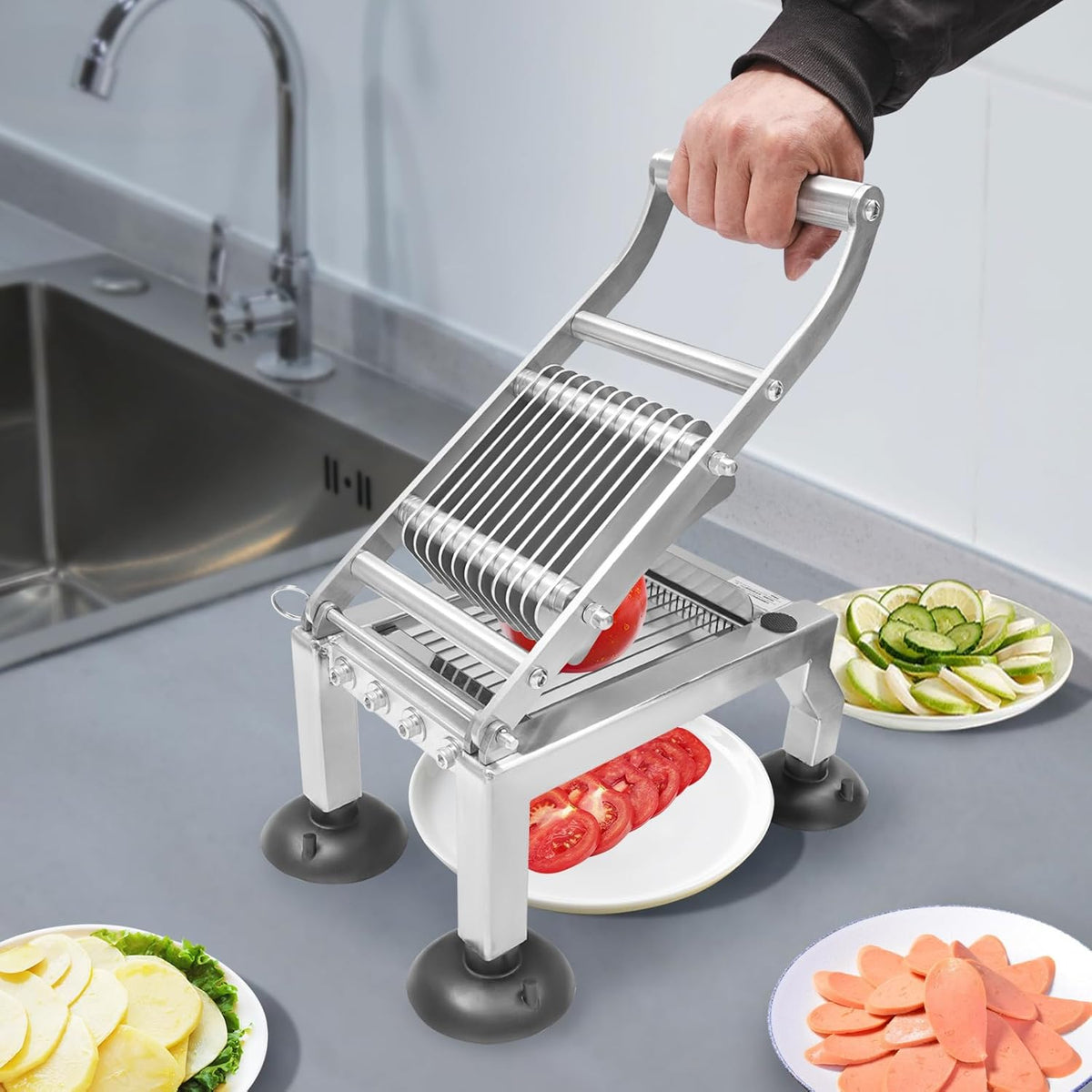 Stainless Steel Vegetable Slicer, Manual Fruit Cutter, Stainless Steel Food Slicing Machine, 10mm Even Slice Chopper for Diameter 2.76'' Vegetable Kitchen Restaurant Dessert Shop Commercial Use