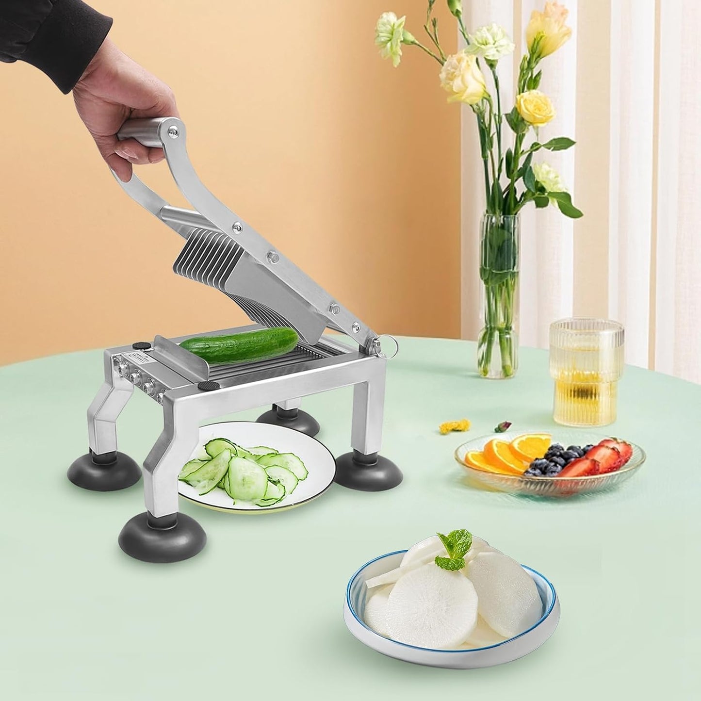 Stainless Steel Vegetable Slicer, Manual Fruit Cutter, Stainless Steel Food Slicing Machine, 10mm Even Slice Chopper for Diameter 2.76'' Vegetable Kitchen Restaurant Dessert Shop Commercial Use