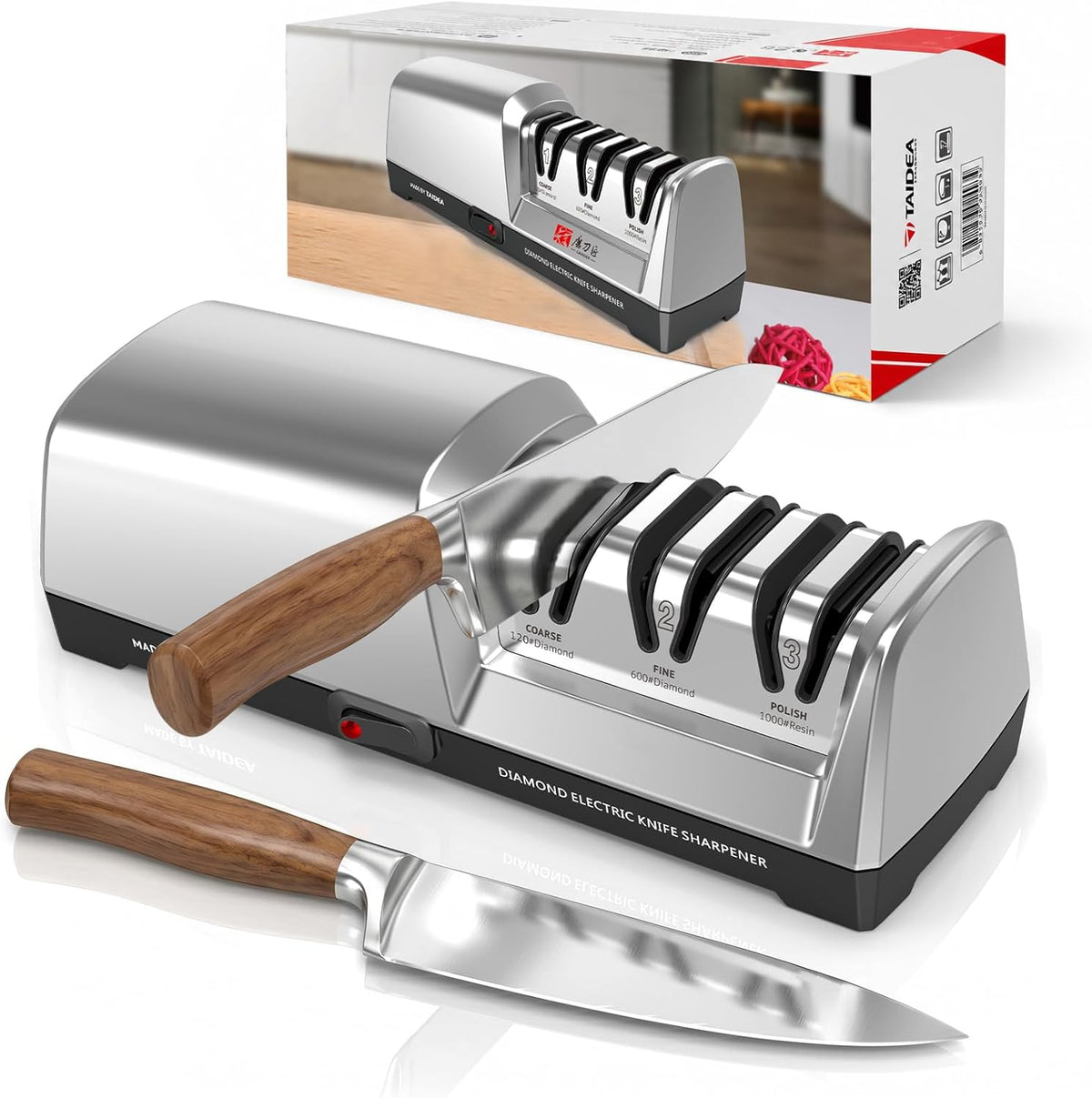 Electric Knife Sharpener for Kitchen, 15° Precision Angle Guide | 3-Stage with 100% Diamond Abrasives - Fast Repair & Polish, Profesional with Magnetic Dust Box
