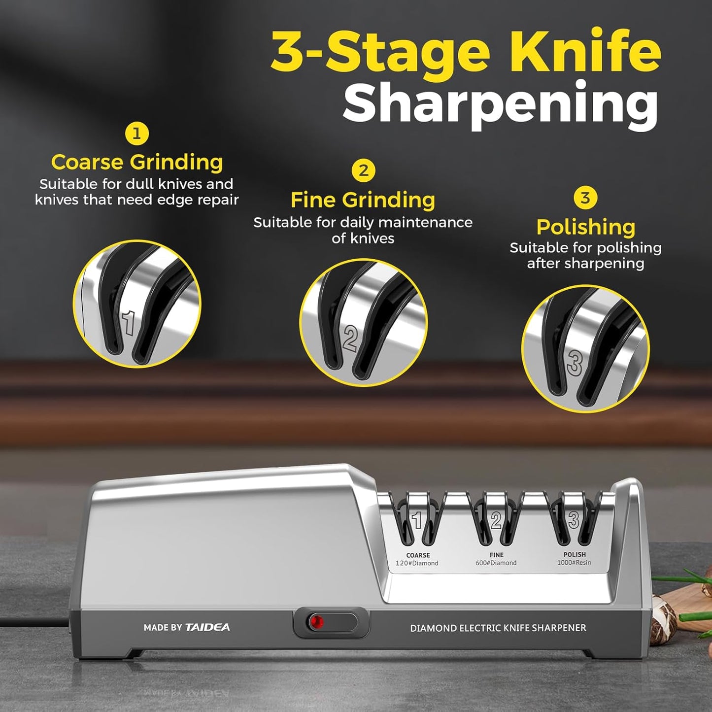 Electric Knife Sharpener for Kitchen, 15° Precision Angle Guide | 3-Stage with 100% Diamond Abrasives - Fast Repair & Polish, Profesional with Magnetic Dust Box