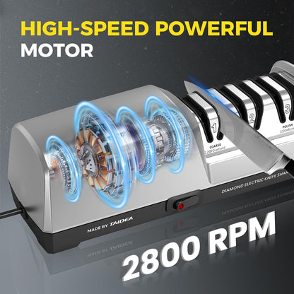 Electric Knife Sharpener for Kitchen, 15° Precision Angle Guide | 3-Stage with 100% Diamond Abrasives - Fast Repair & Polish, Profesional with Magnetic Dust Box