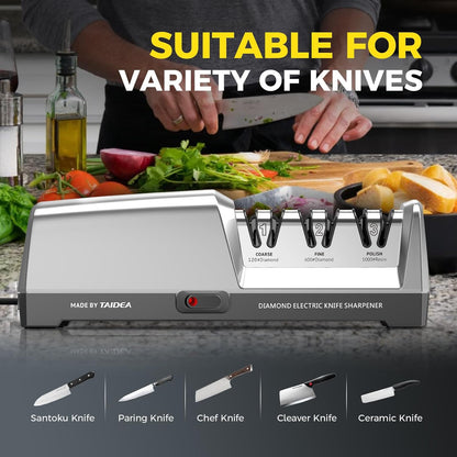 Electric Knife Sharpener for Kitchen, 15° Precision Angle Guide | 3-Stage with 100% Diamond Abrasives - Fast Repair & Polish, Profesional with Magnetic Dust Box
