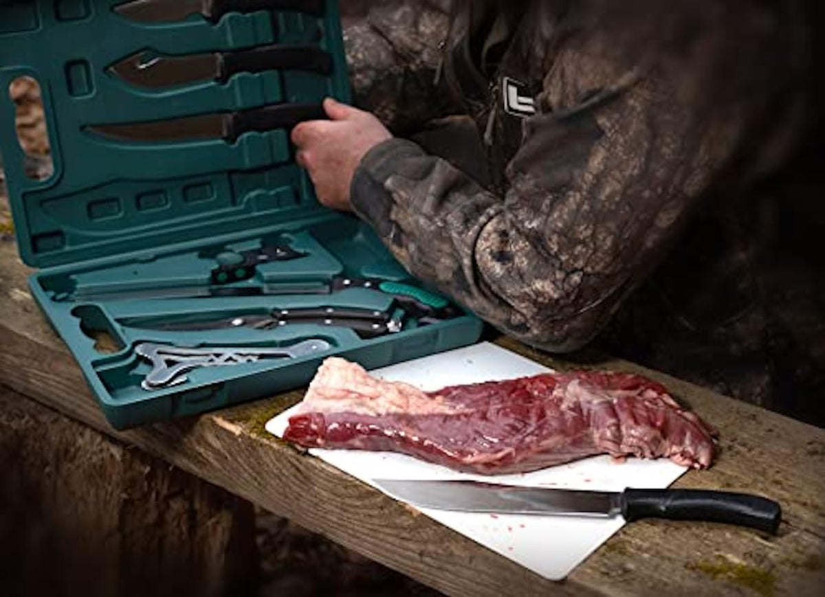 Game-Pro 11-Piece Butcher Knife Set | Caping & Boning Knives, Deer Skinning Knife, Bone Saw, Game Shears, Sharpener & Rib Spreader in Hard-Side Case | Elite Elk & Deer Hunting Gear
