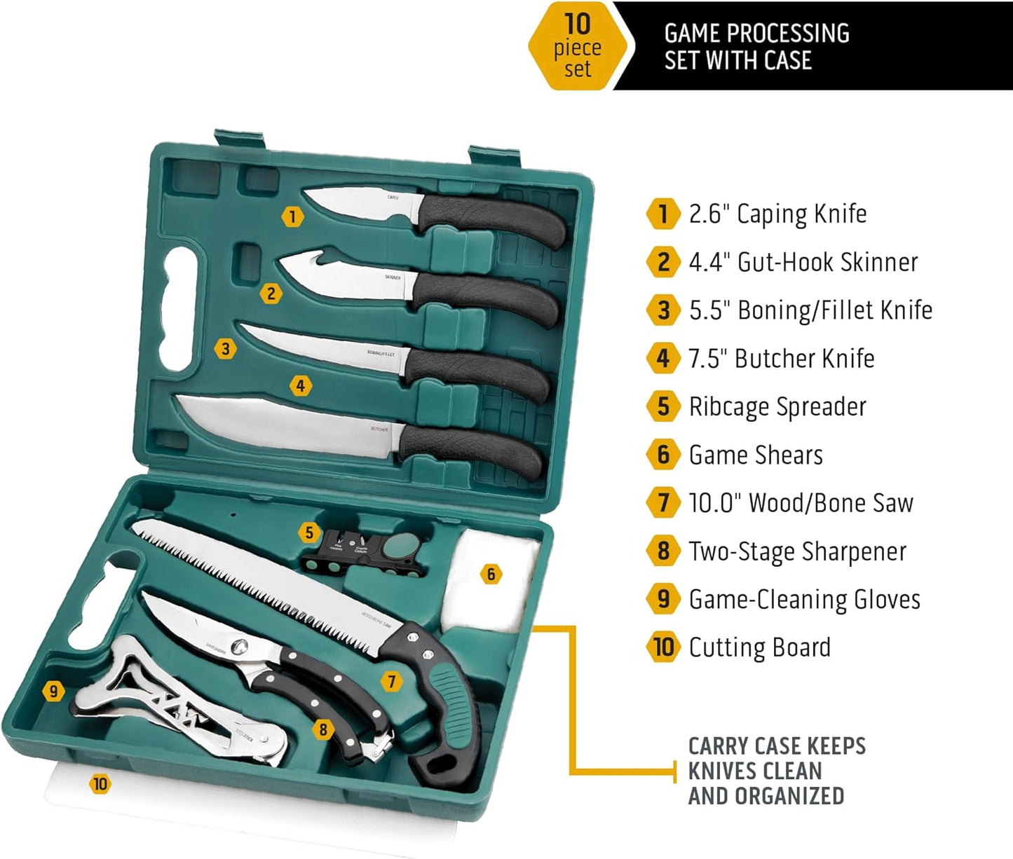 Game-Pro 11-Piece Butcher Knife Set | Caping & Boning Knives, Deer Skinning Knife, Bone Saw, Game Shears, Sharpener & Rib Spreader in Hard-Side Case | Elite Elk & Deer Hunting Gear