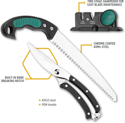 Game-Pro 11-Piece Butcher Knife Set | Caping & Boning Knives, Deer Skinning Knife, Bone Saw, Game Shears, Sharpener & Rib Spreader in Hard-Side Case | Elite Elk & Deer Hunting Gear