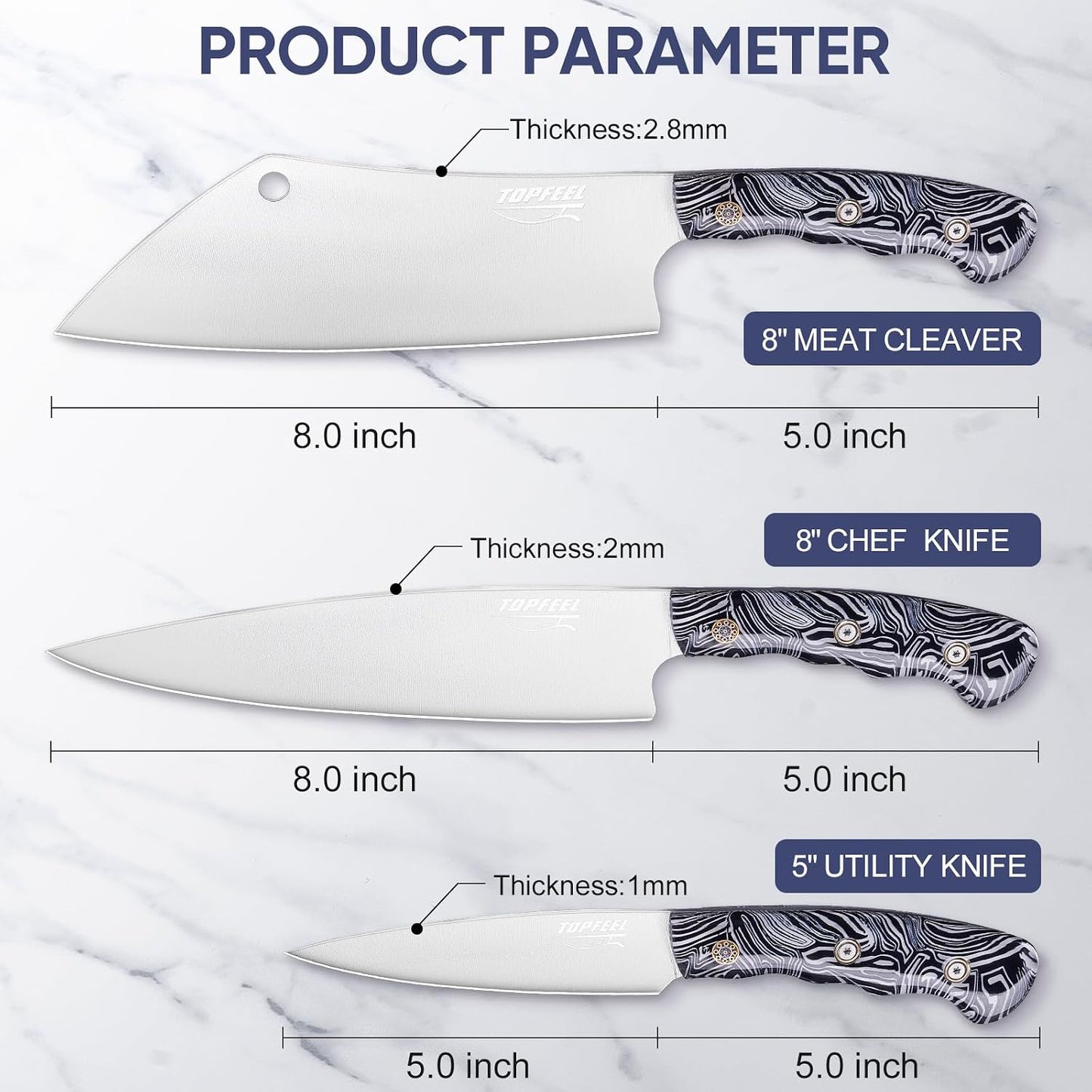 3PCS Professional Chef Knife Set, Ultra Sharp Japanese Kitchen Knife, German High Carbon Stainless Steel 8" Meat Cleaver 8" Chef's Knives 5" Utility Knife with Gift Box