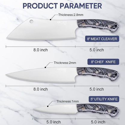 3PCS Professional Chef Knife Set, Ultra Sharp Japanese Kitchen Knife, German High Carbon Stainless Steel 8" Meat Cleaver 8" Chef's Knives 5" Utility Knife with Gift Box