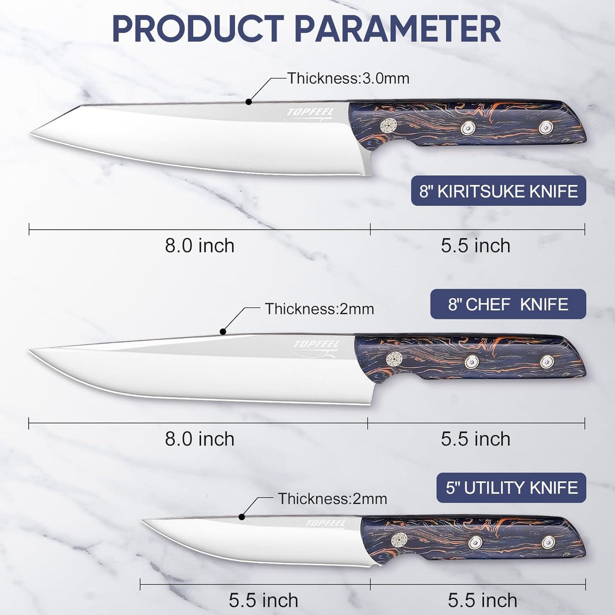 3PCS Professional Chef Knife Set, Ultra Sharp Japanese Kitchen Knife, German High Carbon Stainless Steel 8" Meat Cleaver 8" Chef's Knives 5" Utility Knife with Gift Box
