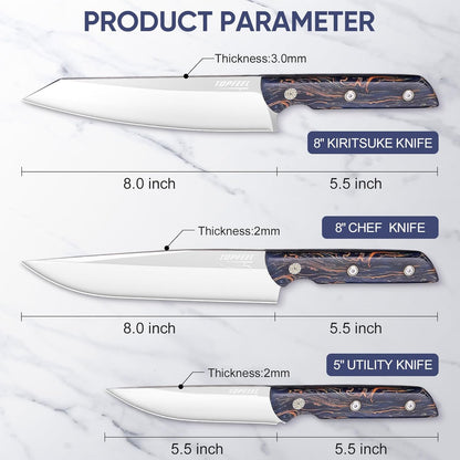 3PCS Professional Chef Knife Set, Ultra Sharp Japanese Kitchen Knife, German High Carbon Stainless Steel 8" Meat Cleaver 8" Chef's Knives 5" Utility Knife with Gift Box