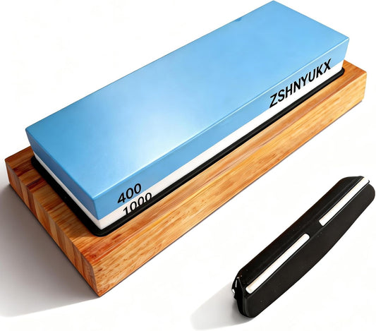 Premium Whetstone Knife Sharpening Stone Set Double-Sided400/1000Grit | Non-Slip Bamboo Base Blue & White Easy – sharpens kitchen, pocket, hunting knives & scissors.