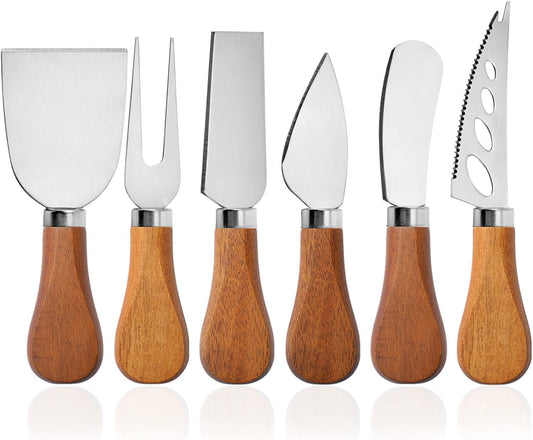 Premium Wooden Handle Cheese Tool Set - 6 Piece Cheese Knife Set - Cut, Spread All Your Favorite Cheeses (6-piece wooden set)