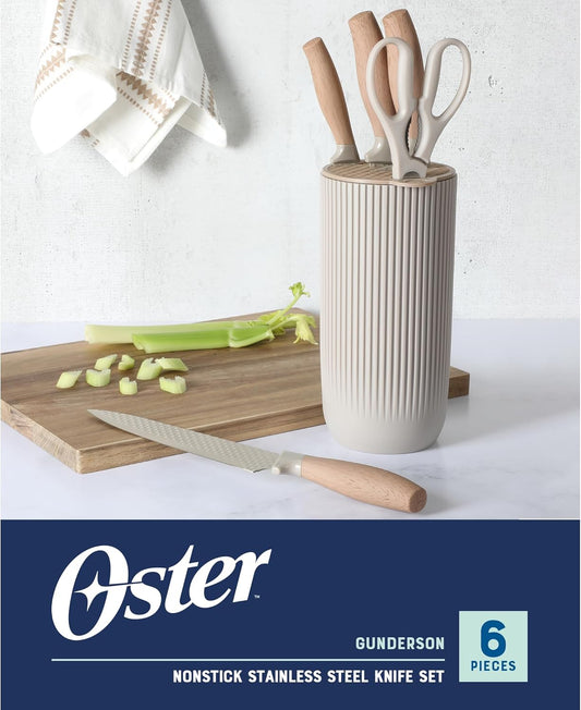 Gunderson 6-Piece Kitchen Knife Block Set, Stainless Steel Kitchen Knife Set With Sharp Blades and Wooden Block
