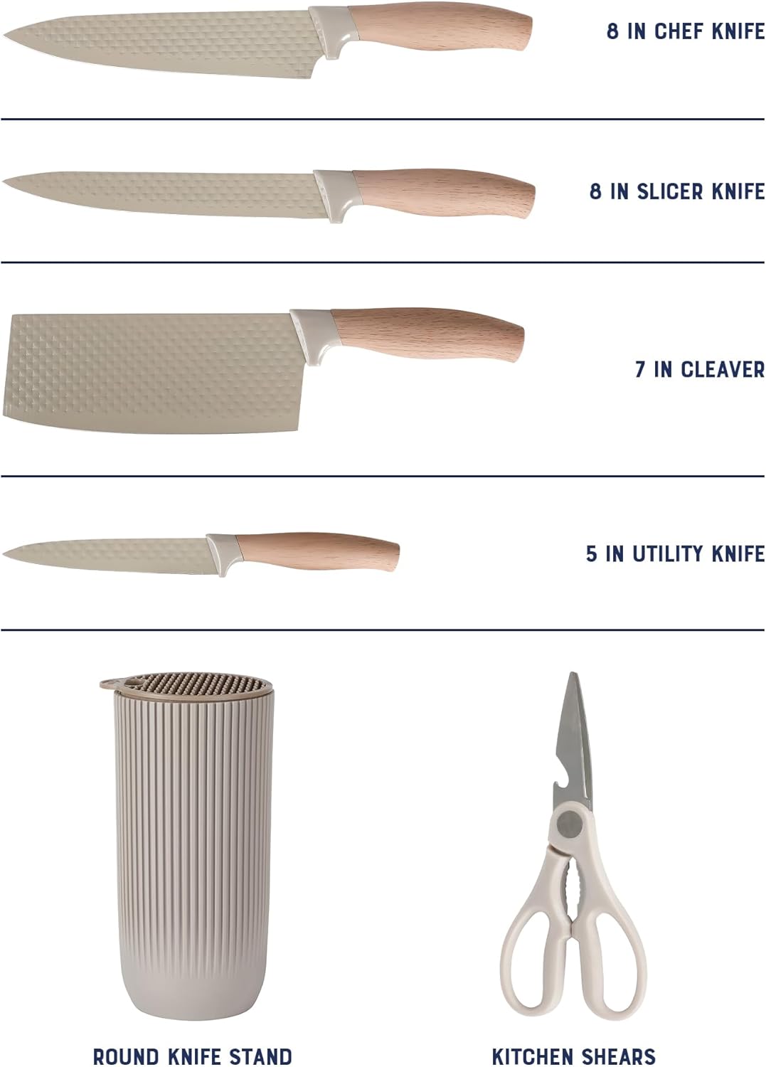 Gunderson 6-Piece Kitchen Knife Block Set, Stainless Steel Kitchen Knife Set With Sharp Blades and Wooden Block