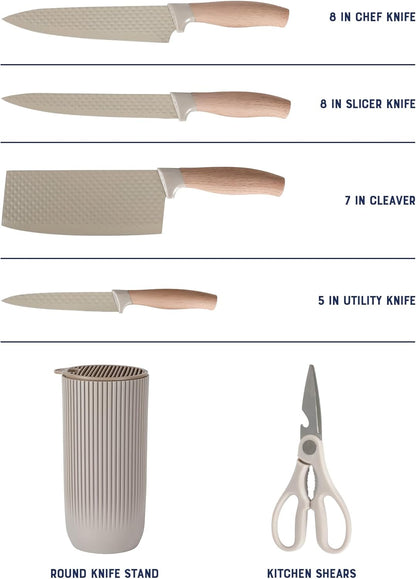 Gunderson 6-Piece Kitchen Knife Block Set, Stainless Steel Kitchen Knife Set With Sharp Blades and Wooden Block