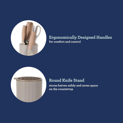 Gunderson 6-Piece Kitchen Knife Block Set, Stainless Steel Kitchen Knife Set With Sharp Blades and Wooden Block
