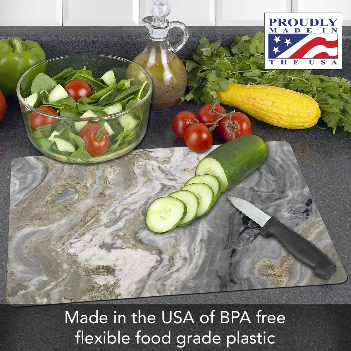 Cut N' Funnel Quartz, Designer Flexible Cutting Board Mat, 15" x 11.5", Made in the USA, Decorative, Flexible, Easy to Clean