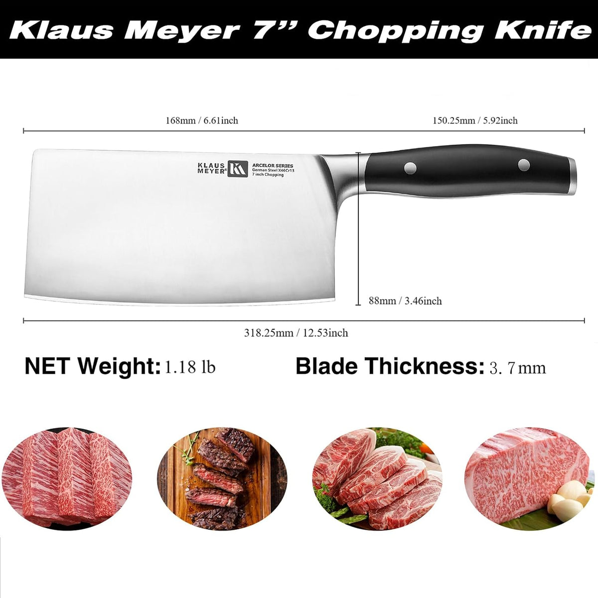Arcelor Cleaver Knife 7 Inch Meat Cleaver Knife- German Steel Butcher Knife with ABS Ergonomic Handle, Ultra Sharp and 3.7mm Thick Blade, for Home/Restaurant