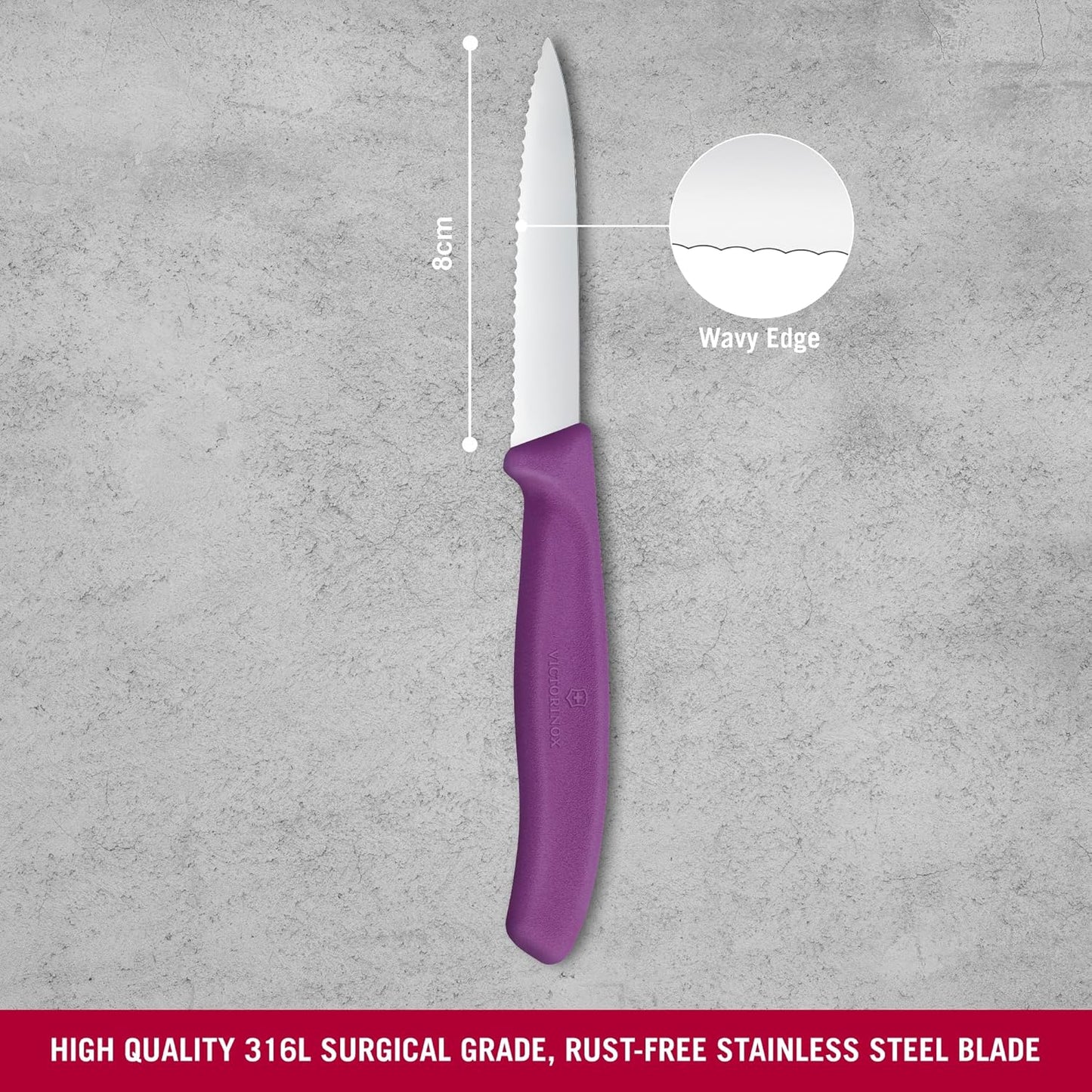 Swiss Classic 3 In Wavy Edge Pointed Tip Paring Knife, Purple | Swiss made culinary tool with an ergonomic handle and pointed tip, dishwasher safe stainless steel for fruit prep