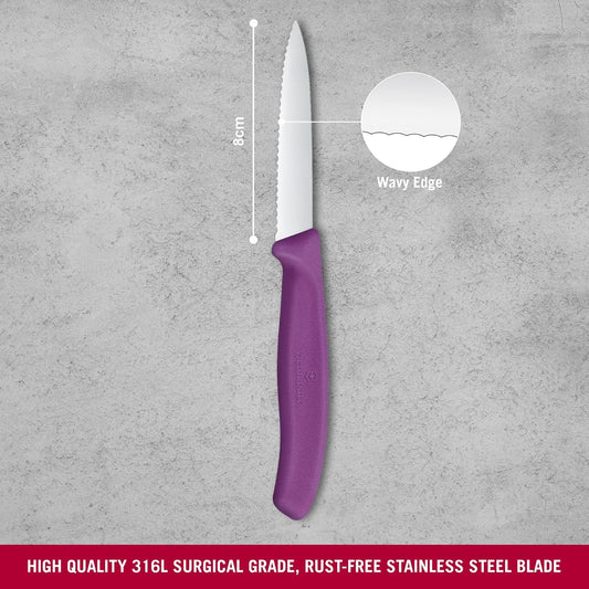 Swiss Classic 3 In Wavy Edge Pointed Tip Paring Knife, Purple | Swiss made culinary tool with an ergonomic handle and pointed tip, dishwasher safe stainless steel for fruit prep