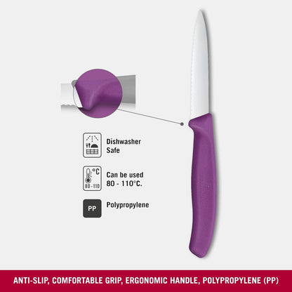 Swiss Classic 3 In Wavy Edge Pointed Tip Paring Knife, Purple | Swiss made culinary tool with an ergonomic handle and pointed tip, dishwasher safe stainless steel for fruit prep