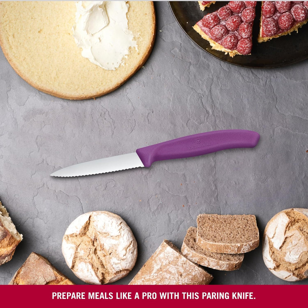 Swiss Classic 3 In Wavy Edge Pointed Tip Paring Knife, Purple | Swiss made culinary tool with an ergonomic handle and pointed tip, dishwasher safe stainless steel for fruit prep