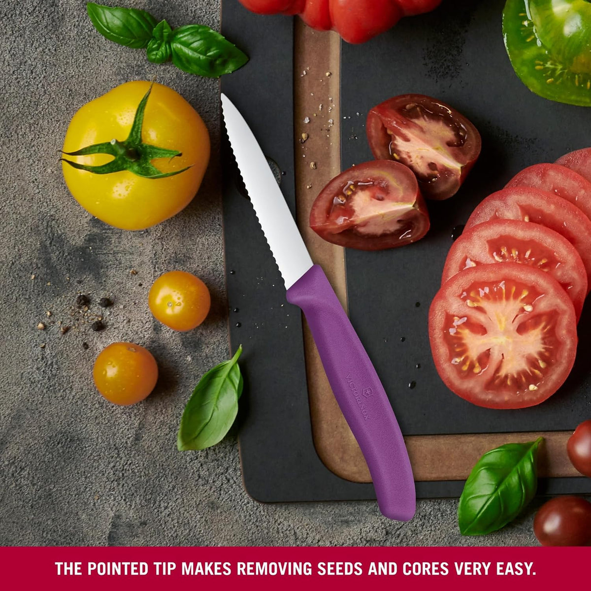 Swiss Classic 3 In Wavy Edge Pointed Tip Paring Knife, Purple | Swiss made culinary tool with an ergonomic handle and pointed tip, dishwasher safe stainless steel for fruit prep