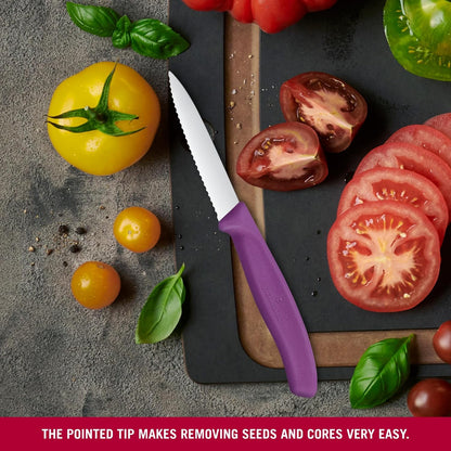 Swiss Classic 3 In Wavy Edge Pointed Tip Paring Knife, Purple | Swiss made culinary tool with an ergonomic handle and pointed tip, dishwasher safe stainless steel for fruit prep