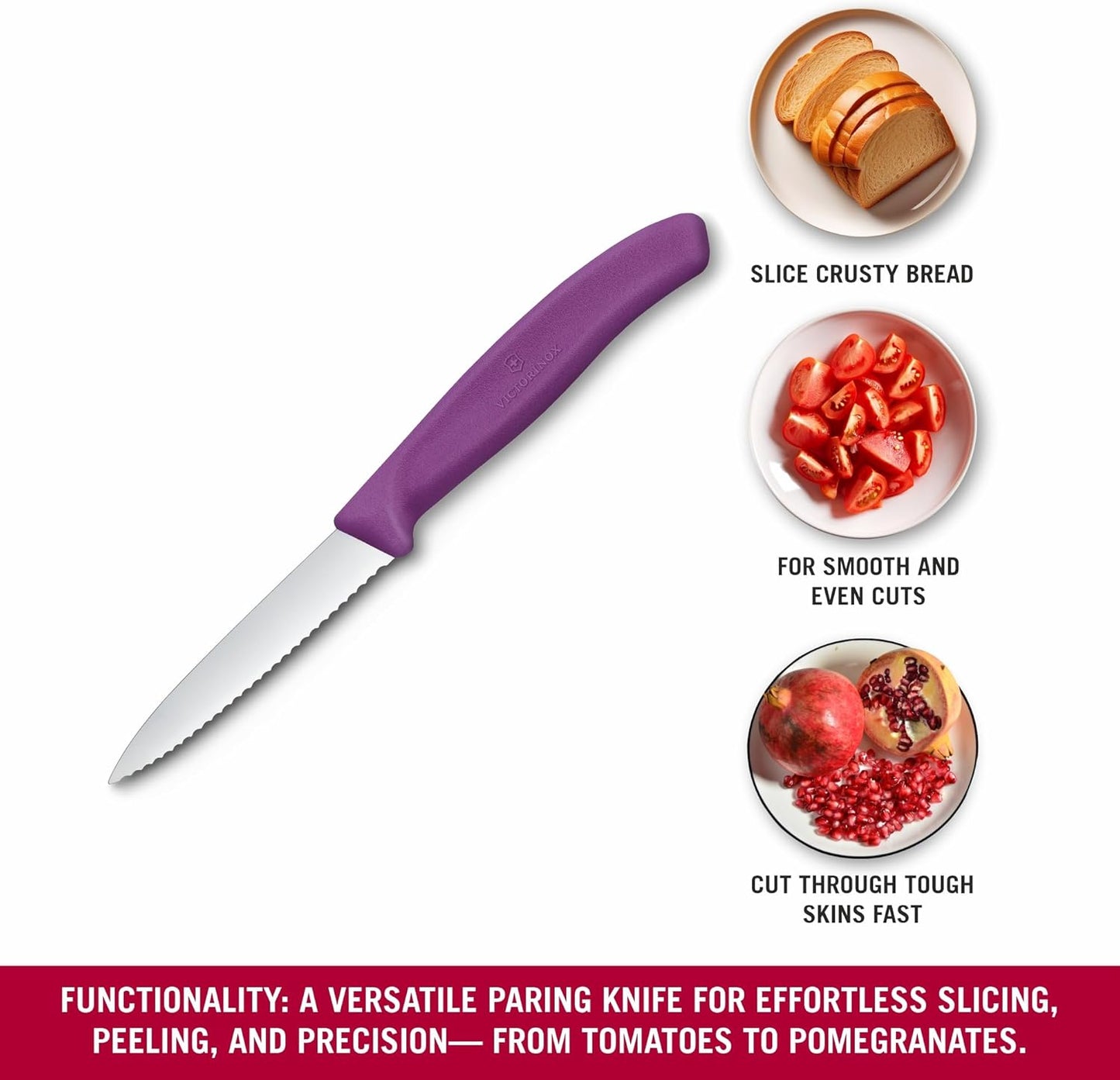 Swiss Classic 3 In Wavy Edge Pointed Tip Paring Knife, Purple | Swiss made culinary tool with an ergonomic handle and pointed tip, dishwasher safe stainless steel for fruit prep