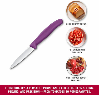 Swiss Classic 3 In Wavy Edge Pointed Tip Paring Knife, Purple | Swiss made culinary tool with an ergonomic handle and pointed tip, dishwasher safe stainless steel for fruit prep