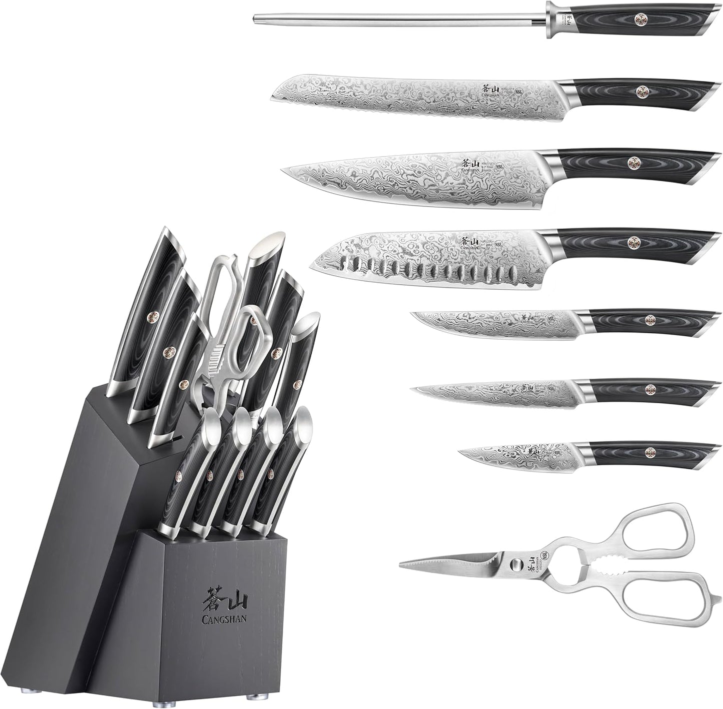 Cangshan KURO Series 12-Piece Knife Block Set, High Carbon X-7 Damascus Steel, Gray, 504340