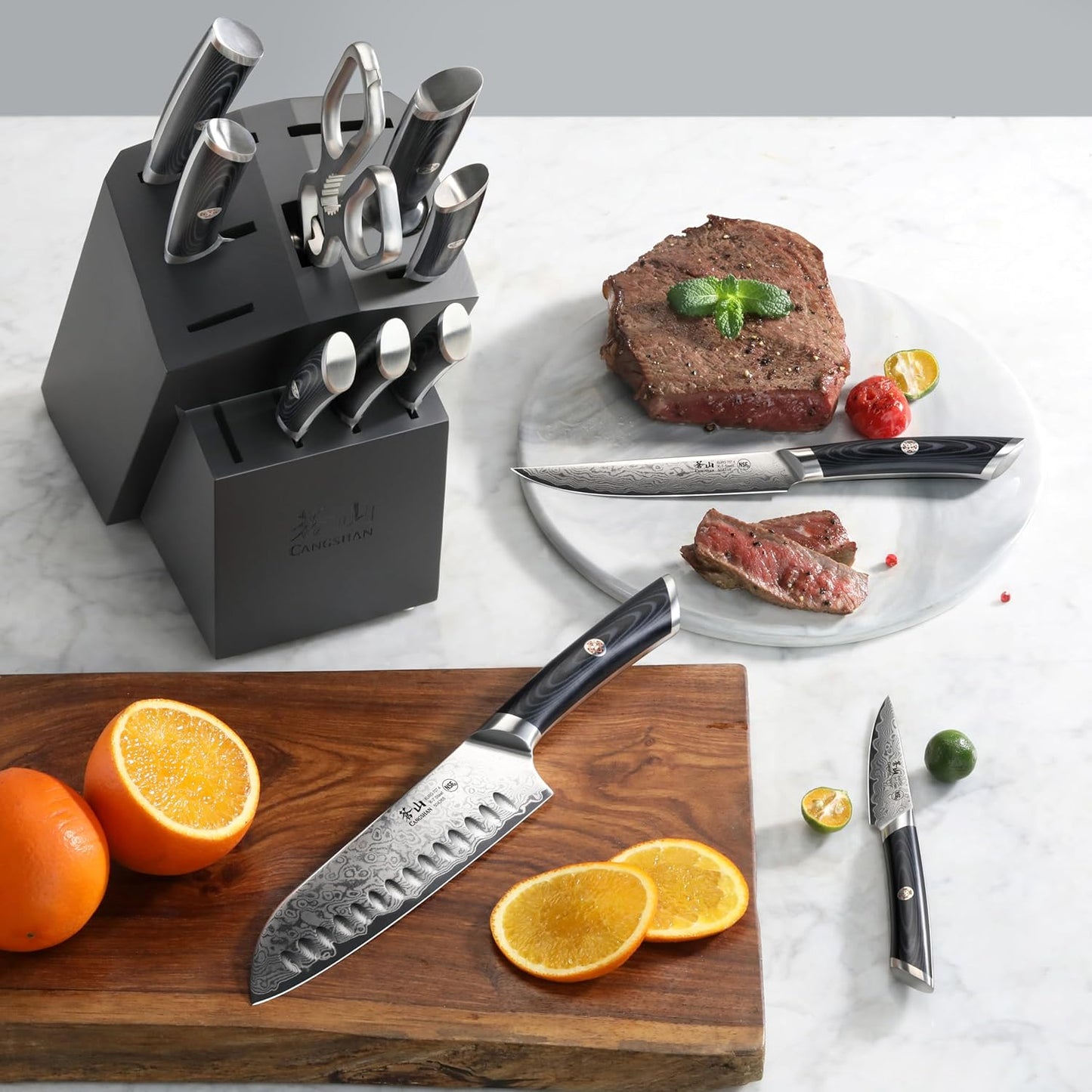 Cangshan KURO Series 12-Piece Knife Block Set, High Carbon X-7 Damascus Steel, Gray, 504340