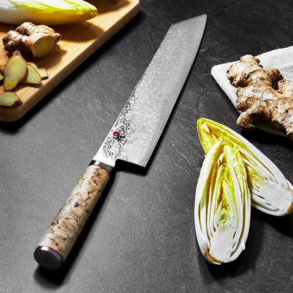 Miyabi Birchwood SG2 Japanese Kiritsuke Knife, 9.5-inch, All Purpose Kitchen Knife, Karelian Birch Handle, 100-layer flower Damascus pattern, Handcrafted in Seki, Japan