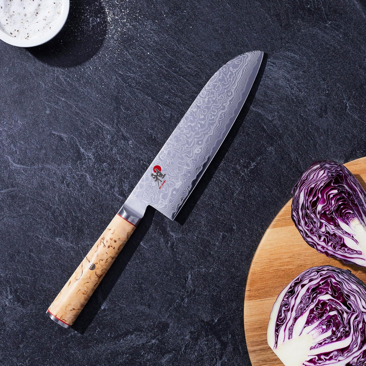 Miyabi Birchwood SG2 Japanese Kiritsuke Knife, 9.5-inch, All Purpose Kitchen Knife, Karelian Birch Handle, 100-layer flower Damascus pattern, Handcrafted in Seki, Japan