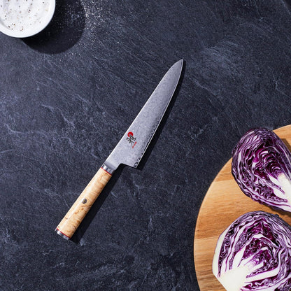 Miyabi Birchwood SG2 Japanese Kiritsuke Knife, 9.5-inch, All Purpose Kitchen Knife, Karelian Birch Handle, 100-layer flower Damascus pattern, Handcrafted in Seki, Japan