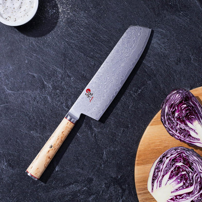 Miyabi Birchwood SG2 Japanese Kiritsuke Knife, 9.5-inch, All Purpose Kitchen Knife, Karelian Birch Handle, 100-layer flower Damascus pattern, Handcrafted in Seki, Japan
