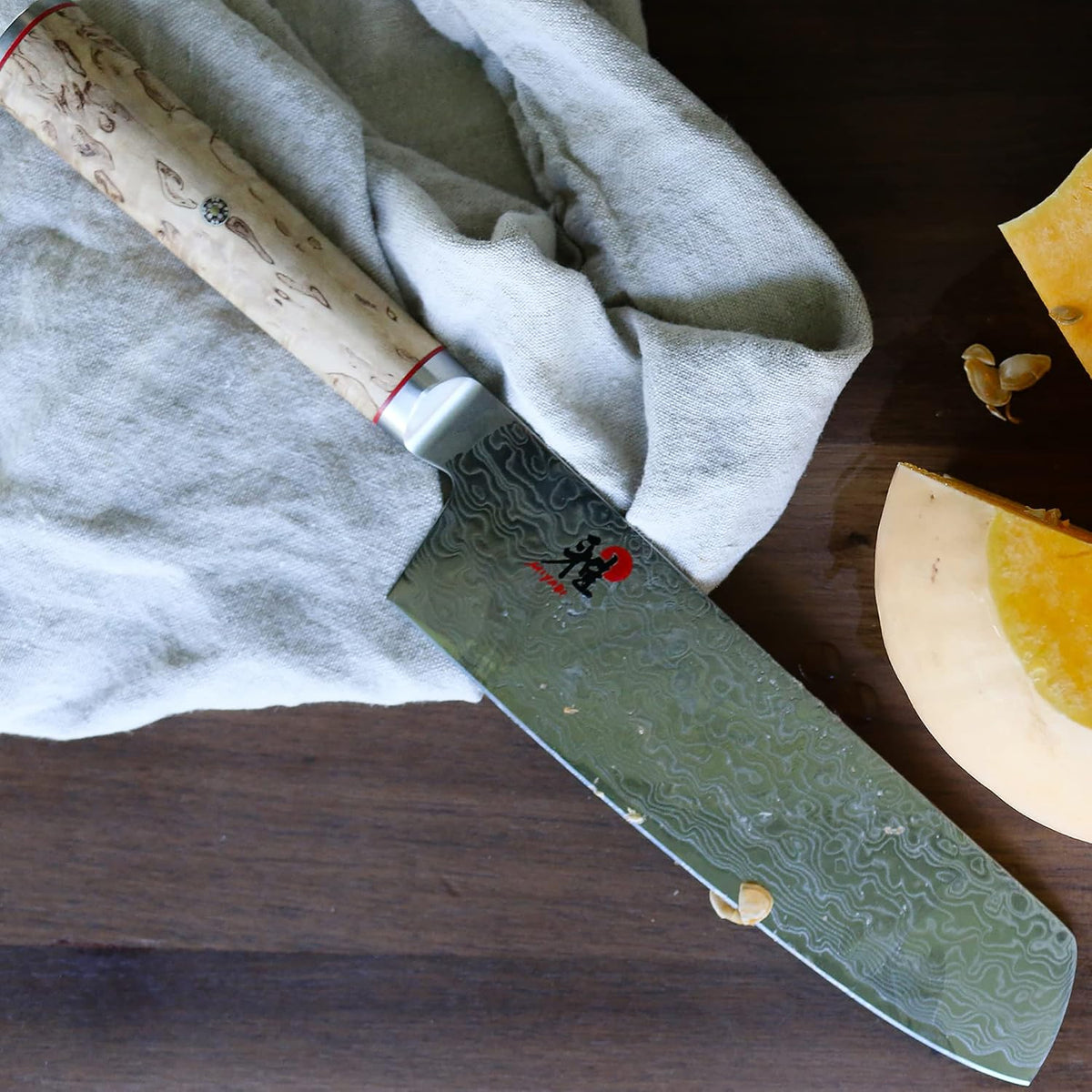 Miyabi Birchwood SG2 Japanese Kiritsuke Knife, 9.5-inch, All Purpose Kitchen Knife, Karelian Birch Handle, 100-layer flower Damascus pattern, Handcrafted in Seki, Japan
