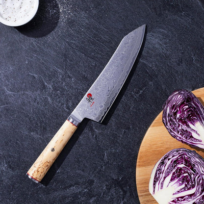 Miyabi Birchwood SG2 Japanese Kiritsuke Knife, 9.5-inch, All Purpose Kitchen Knife, Karelian Birch Handle, 100-layer flower Damascus pattern, Handcrafted in Seki, Japan