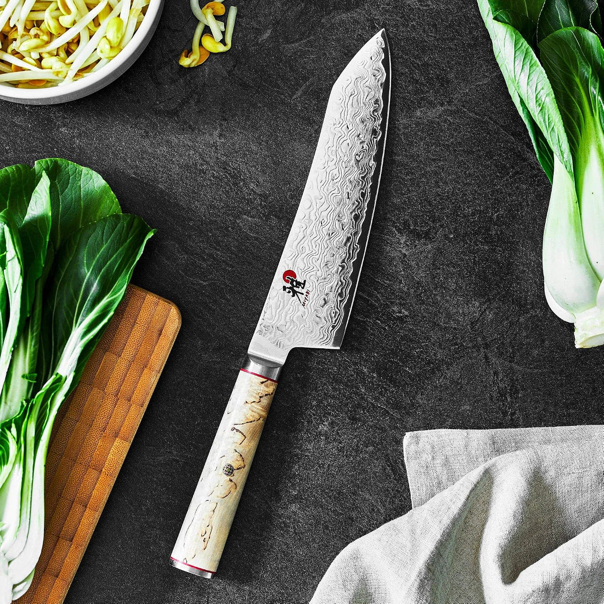 Miyabi Birchwood SG2 Japanese Kiritsuke Knife, 9.5-inch, All Purpose Kitchen Knife, Karelian Birch Handle, 100-layer flower Damascus pattern, Handcrafted in Seki, Japan