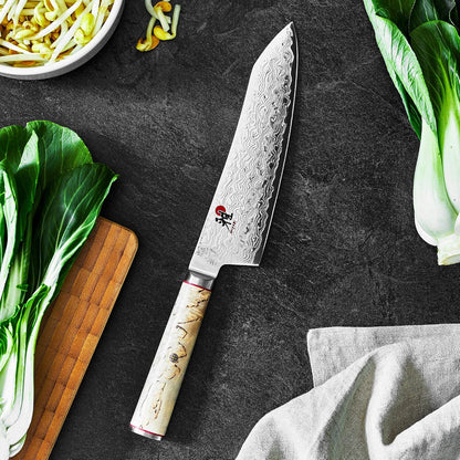Miyabi Birchwood SG2 Japanese Kiritsuke Knife, 9.5-inch, All Purpose Kitchen Knife, Karelian Birch Handle, 100-layer flower Damascus pattern, Handcrafted in Seki, Japan