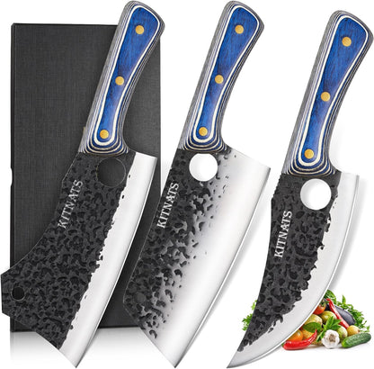 3PCS Butcher Knife Set, Hand Forged kitchen Knife Set-Heavy Duty Bone Chopper & Meat Cleaver & Viking Chef Knife Set for Home, Outdoor Cooking, Camping BBQ