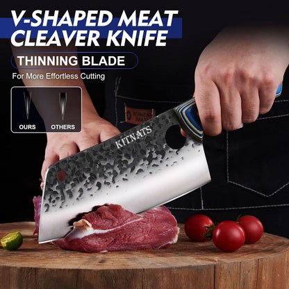 3PCS Butcher Knife Set, Hand Forged kitchen Knife Set-Heavy Duty Bone Chopper & Meat Cleaver & Viking Chef Knife Set for Home, Outdoor Cooking, Camping BBQ