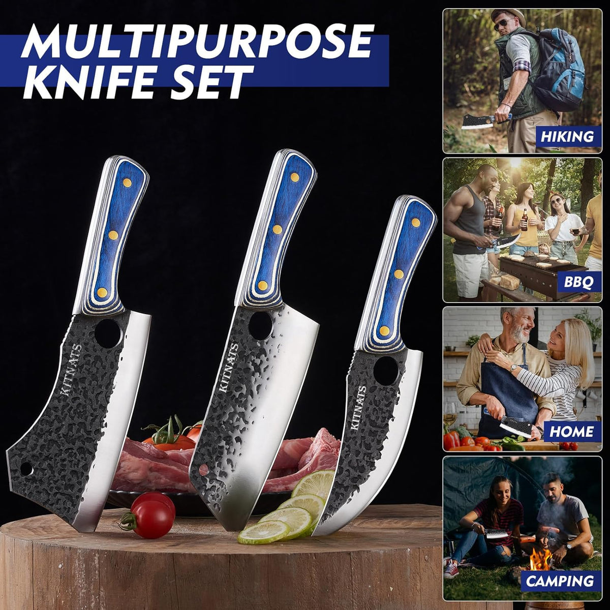 3PCS Butcher Knife Set, Hand Forged kitchen Knife Set-Heavy Duty Bone Chopper & Meat Cleaver & Viking Chef Knife Set for Home, Outdoor Cooking, Camping BBQ